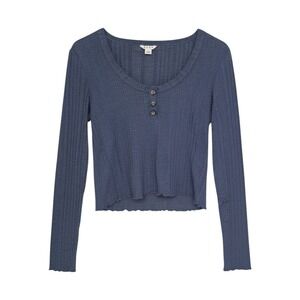 Aeropostale Aero Womens Blue Large Ribbed Henley Crop Top Long Sleeve